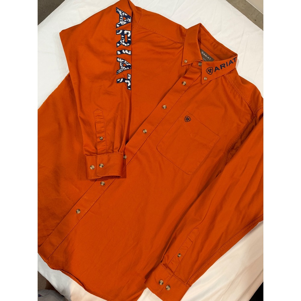 Ariat Mens Orange Long Sleeve Western Button Down Shirt Logo Sleeve Size M